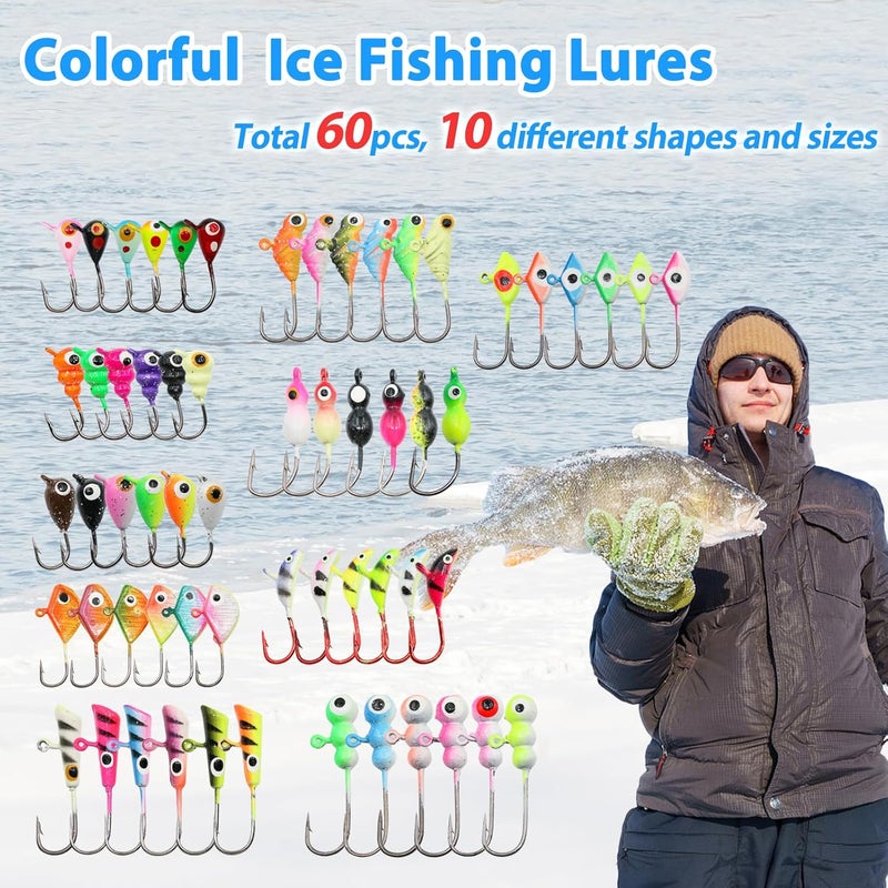 FishTrip Ice Fishing Jigs Kit, 30/60Pcs Glow Ice Fishing Lure Set for Winter Ice Jigging Crappie Sunfish Perch Panfish Walleye Pike Jigs, Ice Fishing Gear with Storage Box - Image 3